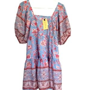 NWT Band of the Free Pink and Blue Floral Boho Babydoll Mini Dress Size S